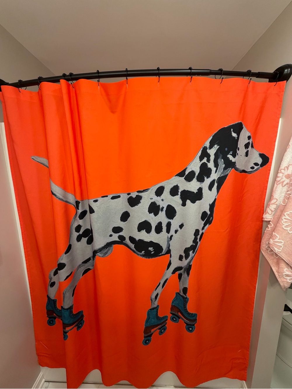 Red  Dalmatian Dog Shower Curtain with Roller Skate Design